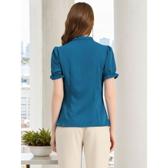 Bow Tie Neck Tops Workwear Short Sleeve Blouse Peacock Blue - Picture 5 of 6
